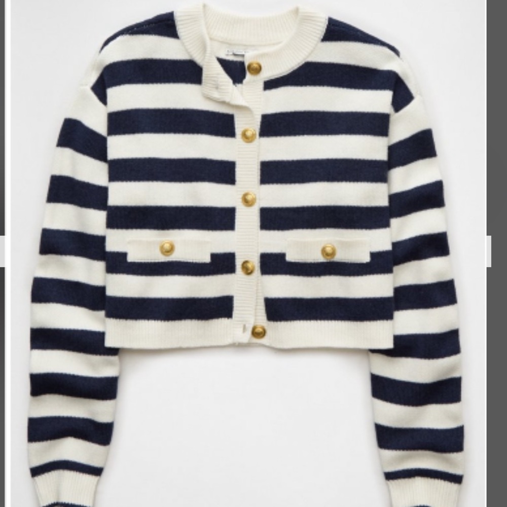 NWT AE Navy/ Off White Button Up Crew Cardigan with Gold Buttons size small
